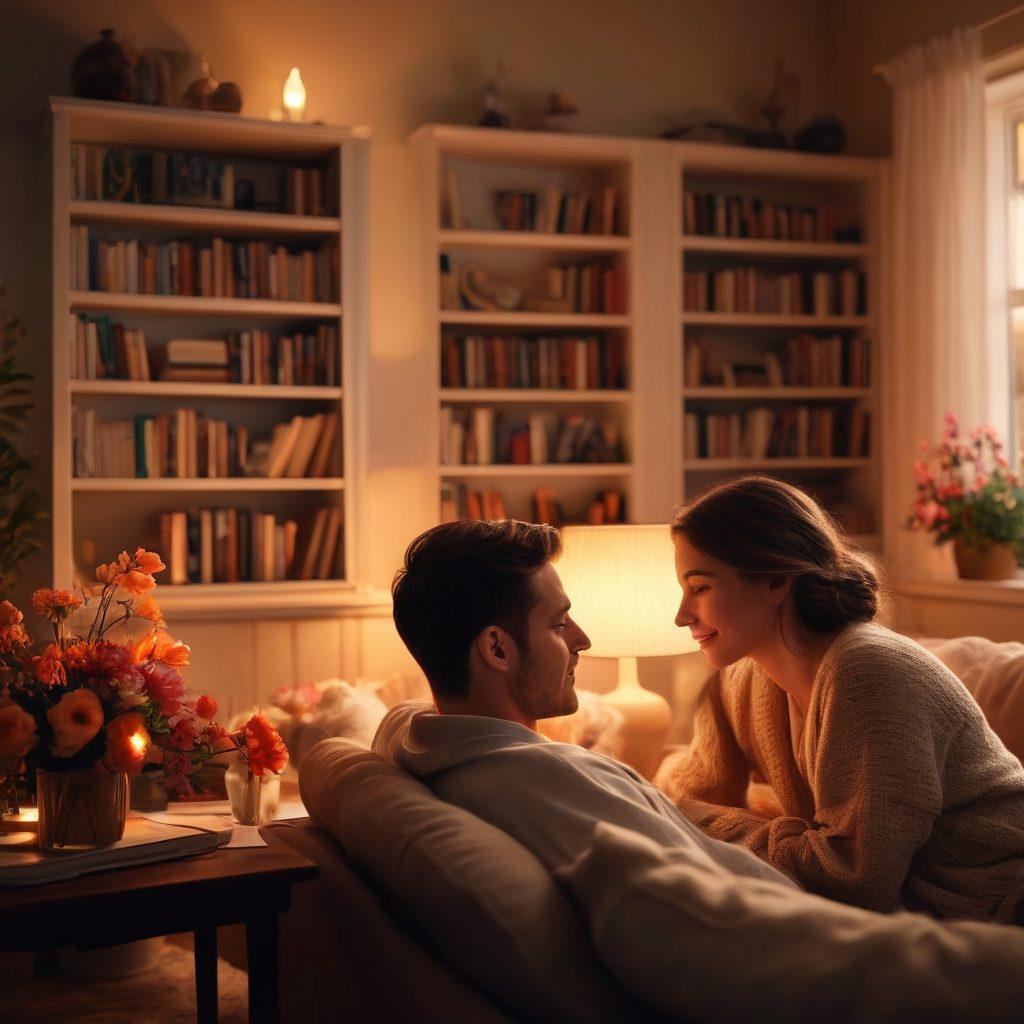A warm, intimate scene depicting a couple in a cozy living room, surrounded by soft, glowing candlelight. They are sitting close together, sharing a heartfelt conversation, with vibrant flowers symbolizing love and connection in the foreground. The background features a bookshelf filled with relationship books, suggesting growth and learning. The atmosphere is filled with warmth and emotional depth. super-realistic. warm tones. cozy ambiance.