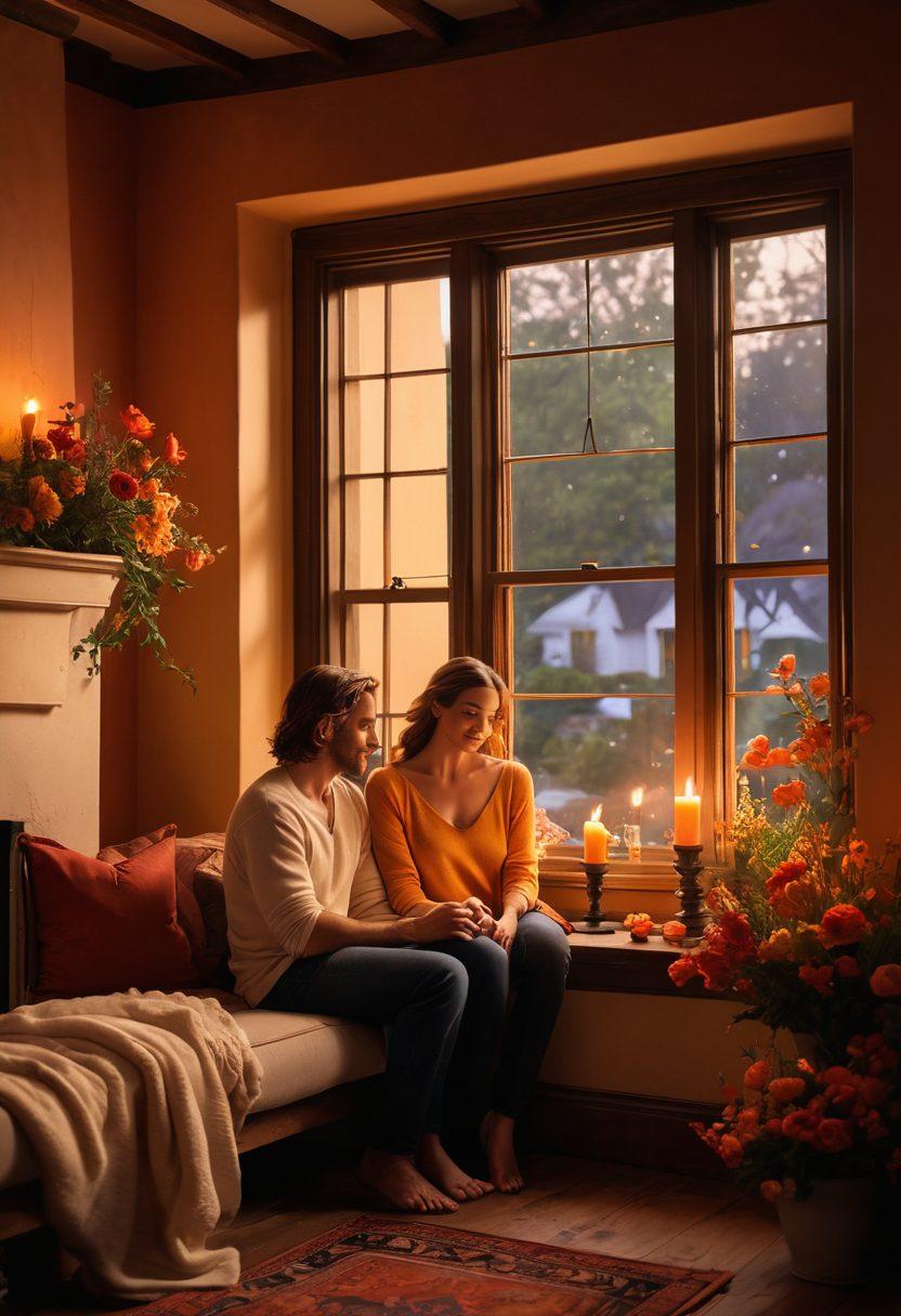 A warm, inviting scene depicting a couple sharing a tender moment, surrounded by soft candlelight and lush flowers, symbolizing intimacy and connection. The background features a cozy living room with a fireplace, stylish décor, and personal touches reflecting their love story. Above, a starry sky is visible through a window, suggesting endless possibilities and dreams together. The colors are rich and vibrant, evoking feelings of warmth and passion. super-realistic. vibrant colors. soft focus.