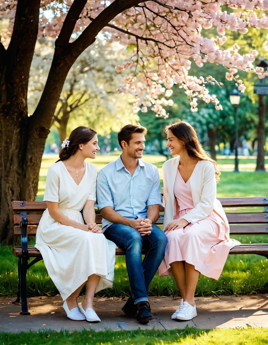 A serene scene depicting two friends sitting on a park bench, sharing a warm conversation, with soft sunlight filtering through surrounding trees. The ambiance is infused with gentle smiles and heartfelt gestures, symbolizing tenderness and sincerity. In the background, blossoms sway gently in a light breeze, adding to the warmth of companionship. pastel colors. romantic style. soft focus.